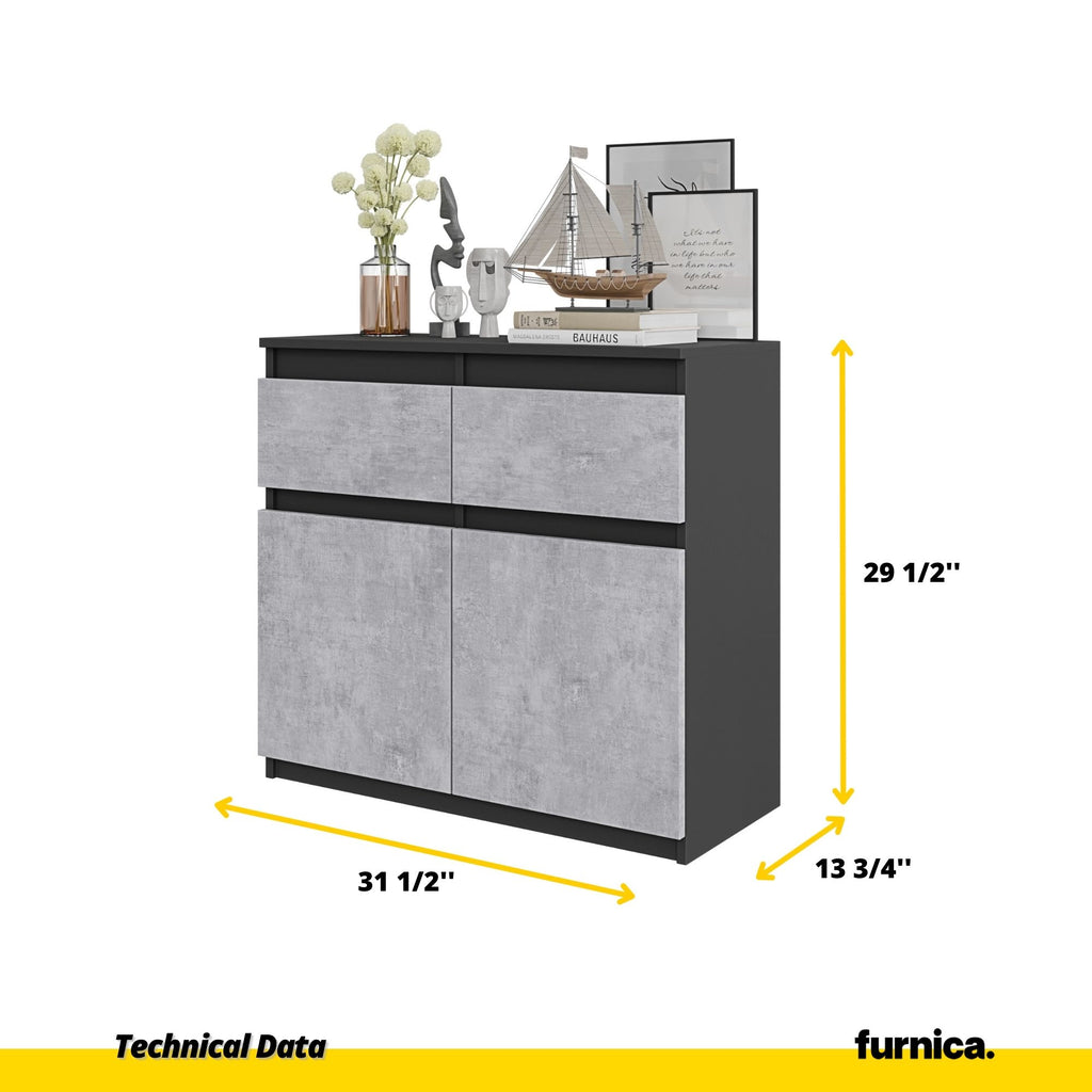 NOAH - Chest of 2 Drawers and 2 Doors - Bedroom Dresser Storage Cabinet Sideboard - Anthracite / Concrete H29 1/2" W31 1/2" D13 3/4"