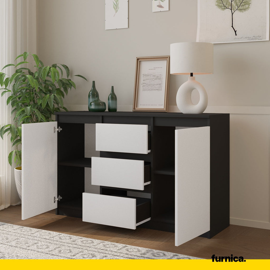 MIKEL - Chest of 3 Drawers and 2 Doors - Bedroom Dresser Storage Cabinet Sideboard - Anthracite / White Matt H29 1/2" W47 1/4" D13 3/4"