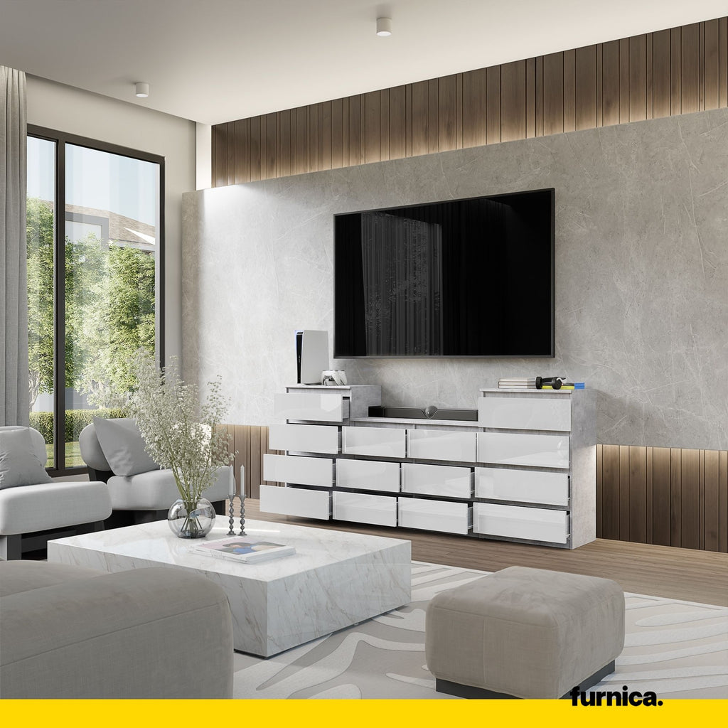 GABRIEL - Chest of 14 Drawers (4+6+4) - Bedroom Dresser Storage Cabinet Sideboard - Concrete / White Gloss H36 3/8" W86 5/8" D13 1/4"