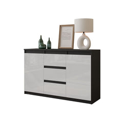 MIKEL - Chest of 3 Drawers and 2 Doors - Bedroom Dresser Storage Cabinet Sideboard - Anthracite / White Gloss H29 1/2" W47 1/4" D13 3/4"