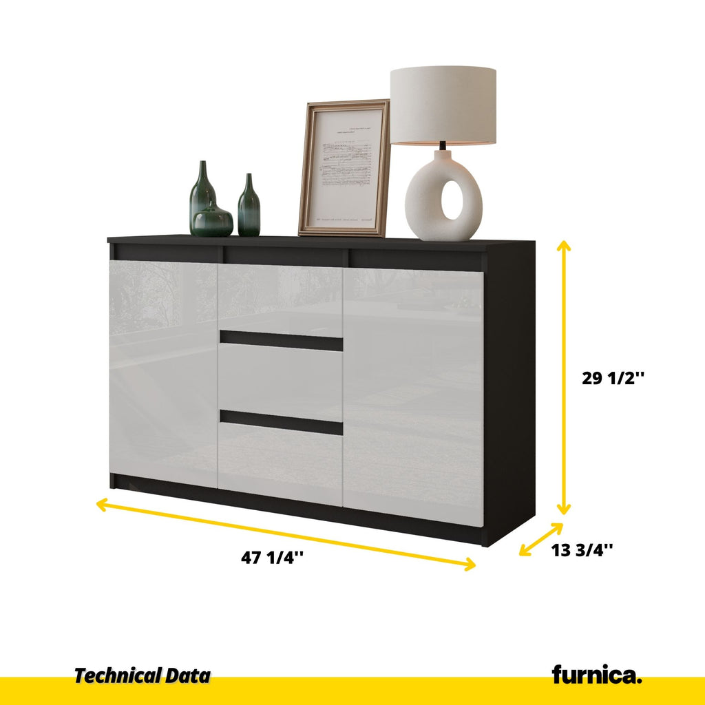MIKEL - Chest of 3 Drawers and 2 Doors - Bedroom Dresser Storage Cabinet Sideboard - Anthracite / White Gloss H29 1/2" W47 1/4" D13 3/4"