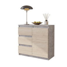 MIKEL - Chest of 3 Drawers and 1 Door - Bedroom Dresser Storage Cabinet Sideboard - Concrete / Sonoma Oak H29 1/2" W31 1/2" D13 3/4"
