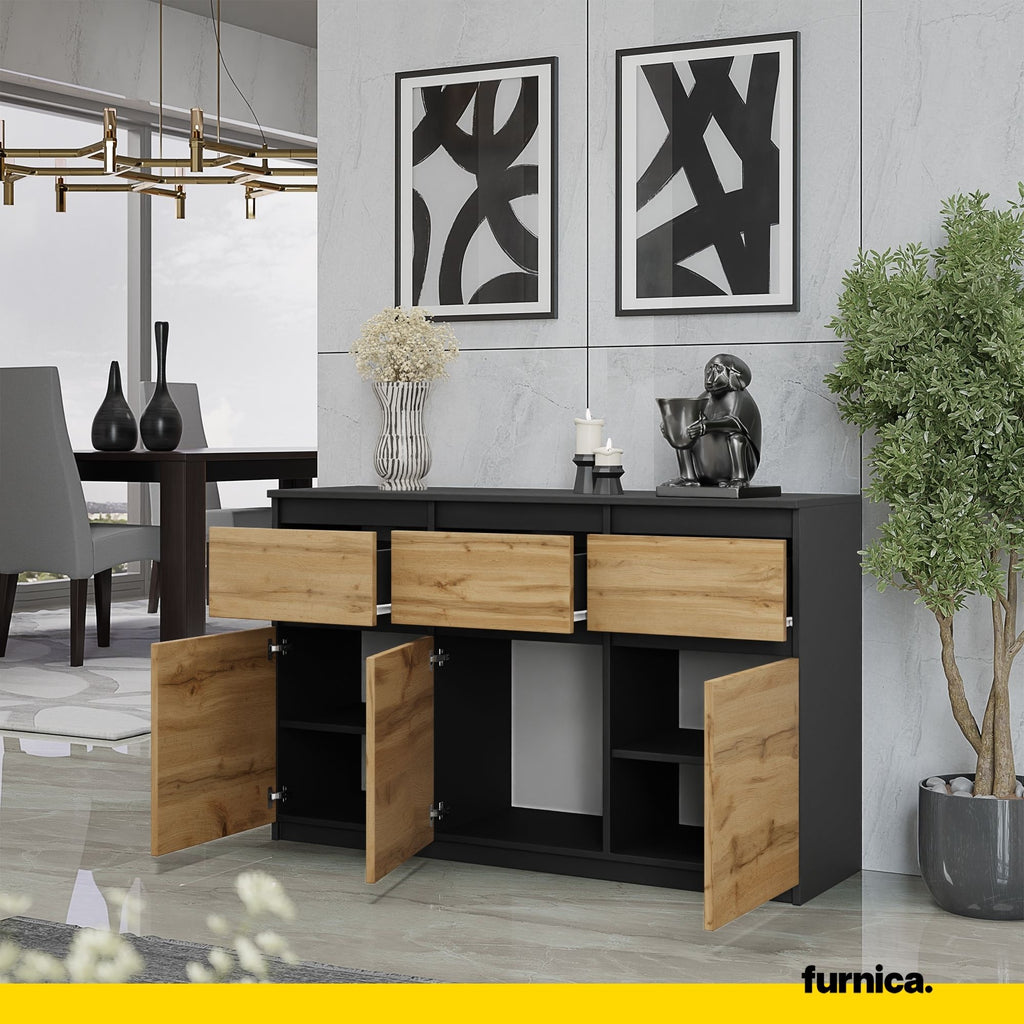 NOAH - Chest of 3 Drawers and 3 Doors - Bedroom Dresser Storage Cabinet Sideboard - Anthracite / Wotan Oak H29 1/2" W47 1/4" D13 3/4"