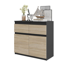 NOAH - Chest of 2 Drawers and 2 Doors - Bedroom Dresser Storage Cabinet Sideboard - Anthracite / Sonoma Oak H29 1/2" W31 1/2" D13 3/4"