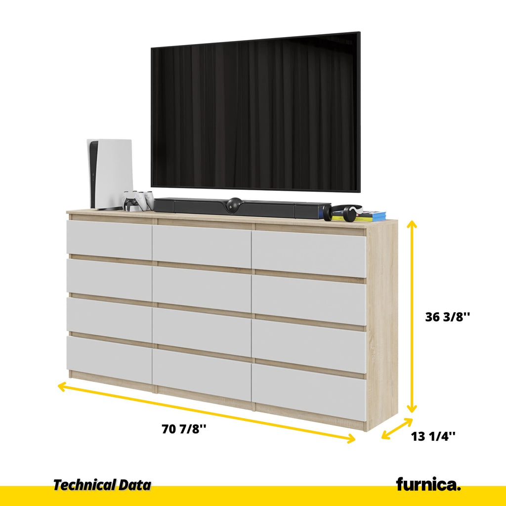 GABRIEL - Chest of 12 Drawers (8+4) - Bedroom Dresser Storage Cabinet Sideboard - Sonoma Oak / White H36 3/8" W70 7/8" D13 1/4