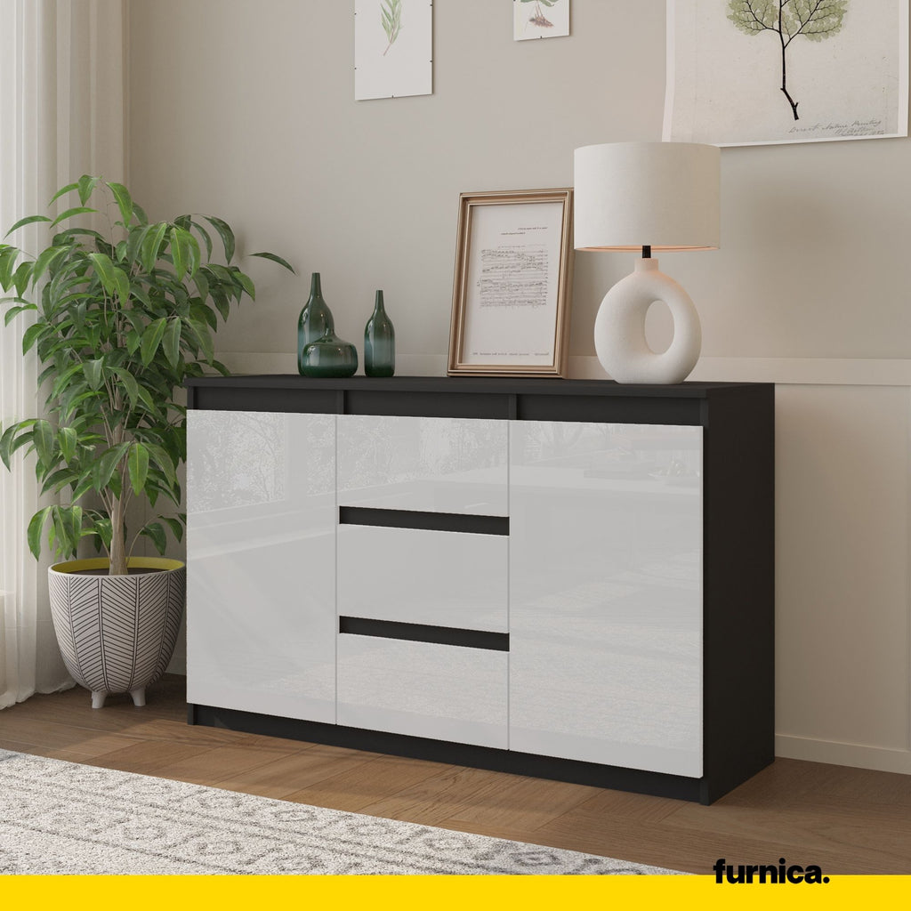 MIKEL - Chest of 3 Drawers and 2 Doors - Bedroom Dresser Storage Cabinet Sideboard - Anthracite / White Gloss H29 1/2" W47 1/4" D13 3/4"