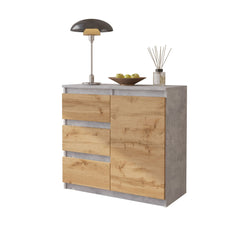 MIKEL - Chest of 3 Drawers and 1 Door - Bedroom Dresser Storage Cabinet Sideboard - Concrete / Wotan Oak H29 1/2" W31 1/2" D13 3/4"