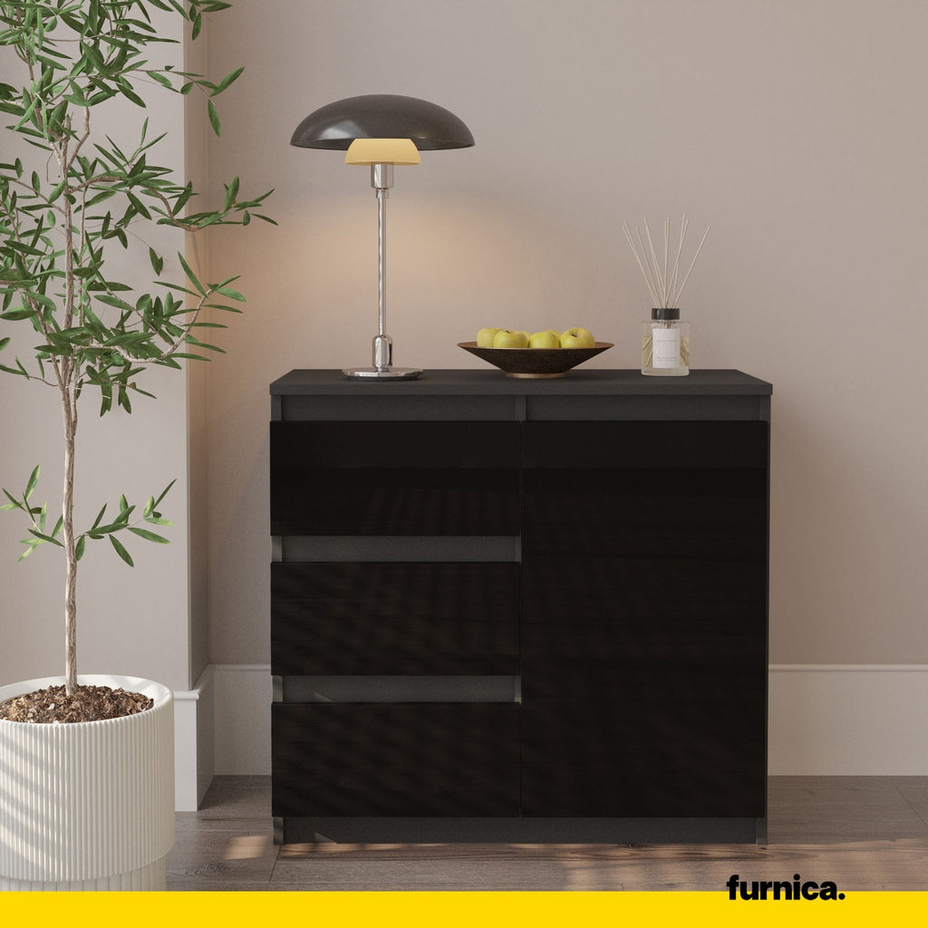 MIKEL - Chest of 3 Drawers and 1 Door - Bedroom Dresser Storage Cabinet Sideboard - Anthracite / Black Gloss H29 1/2" W31 1/2" D13 3/4"