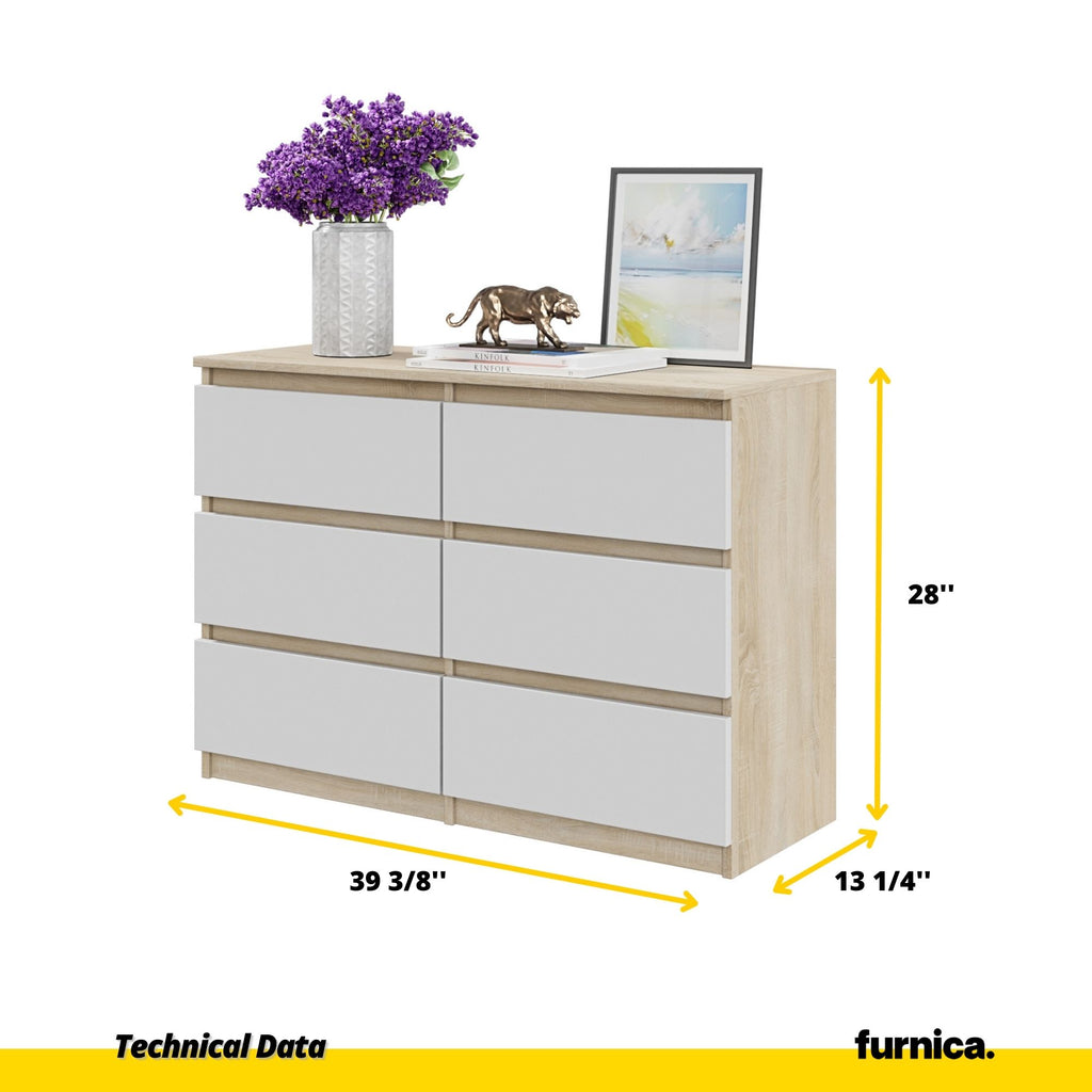 GABRIEL - Chest of 6 Drawers - Bedroom Dresser Storage Cabinet Sideboard - Sonoma Oak / White H28" W39 3/8" D13"