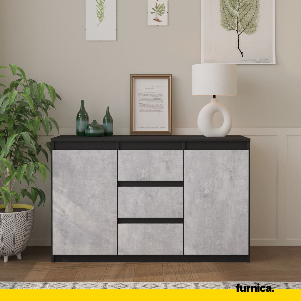 MIKEL - Chest of 3 Drawers and 2 Doors - Bedroom Dresser Storage Cabinet Sideboard - Anthracite / Concrete H29 1/2" W47 1/4" D13 3/4"