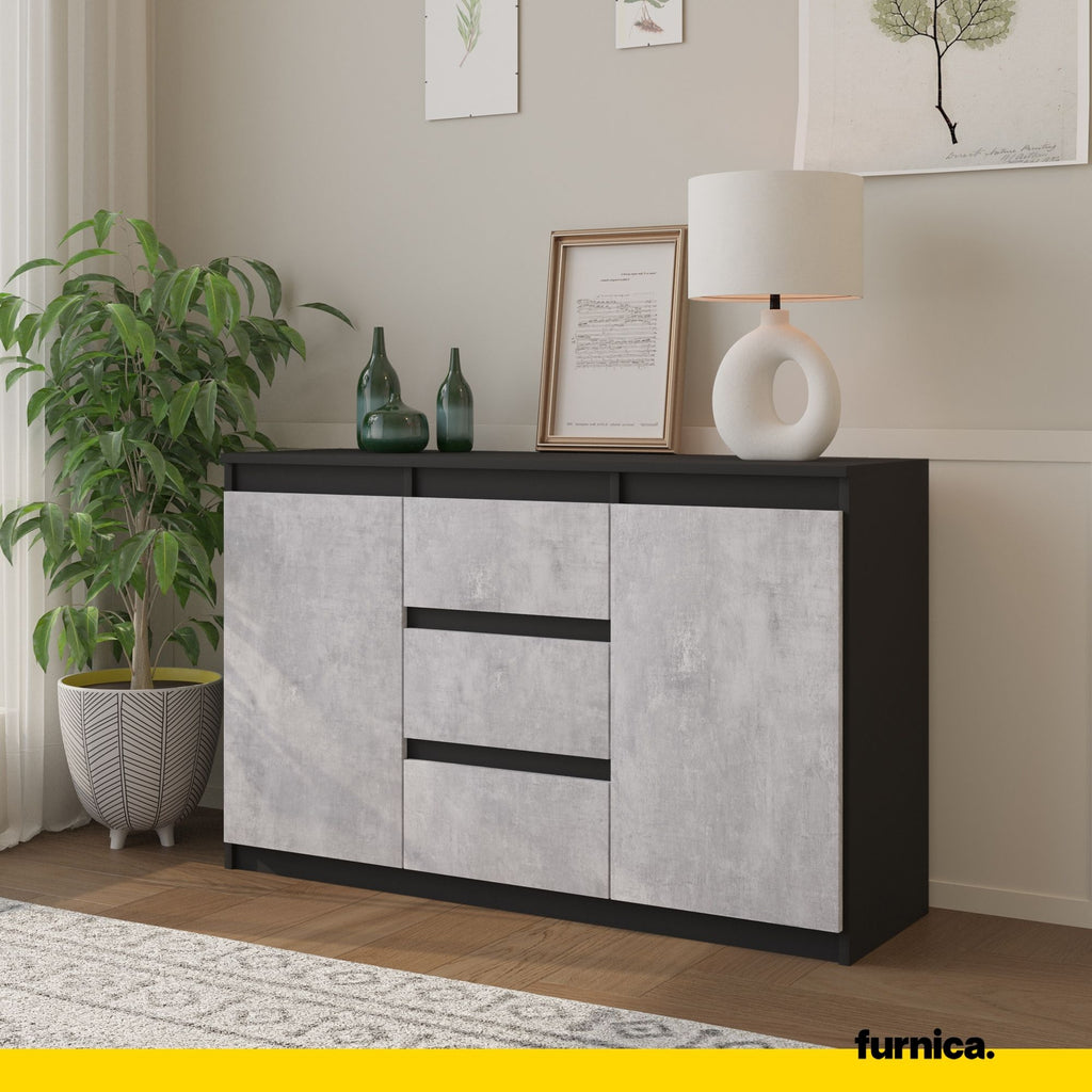 MIKEL - Chest of 3 Drawers and 2 Doors - Bedroom Dresser Storage Cabinet Sideboard - Anthracite / Concrete H29 1/2" W47 1/4" D13 3/4"