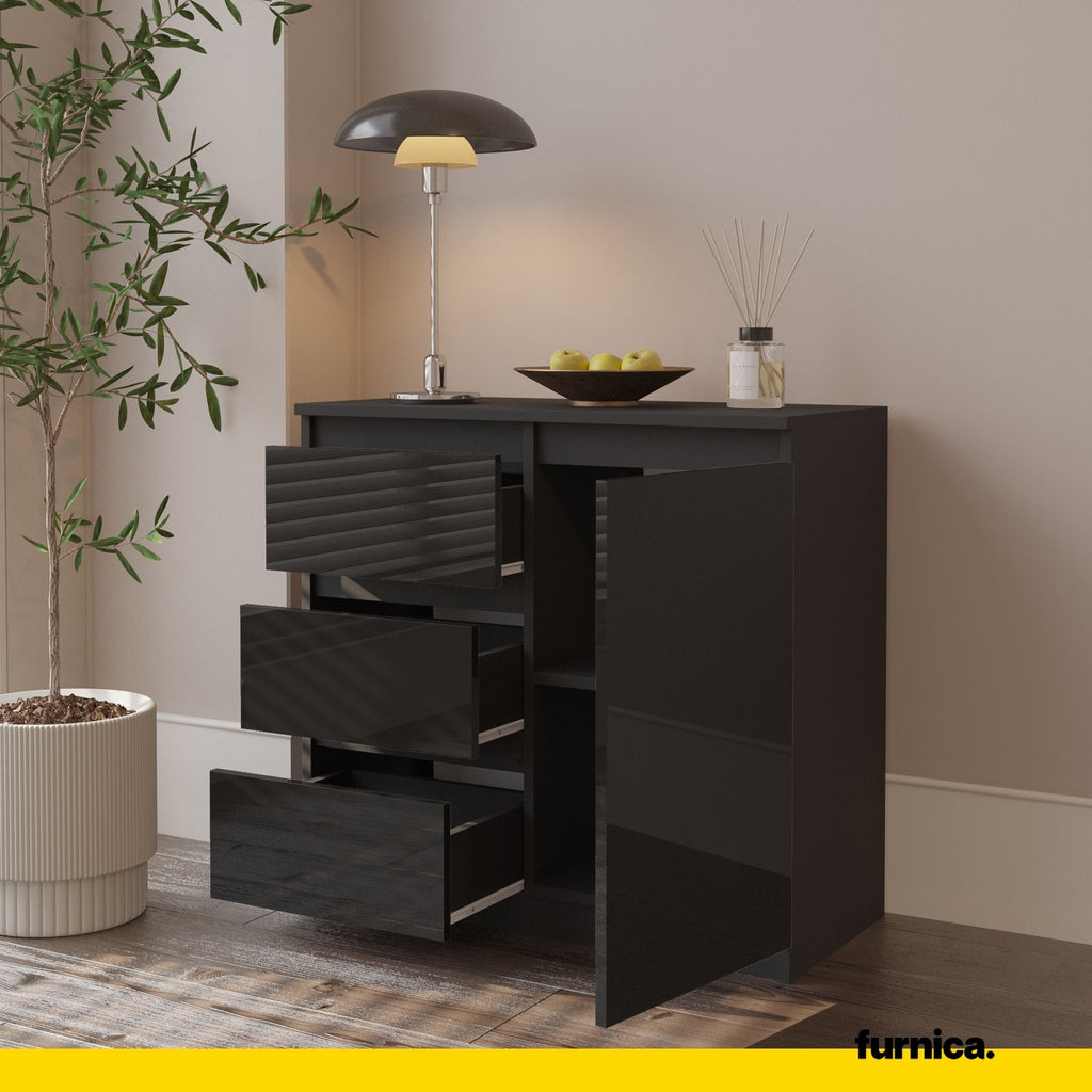 MIKEL - Chest of 3 Drawers and 1 Door - Bedroom Dresser Storage Cabinet Sideboard - Anthracite / Black Gloss H29 1/2" W31 1/2" D13 3/4"