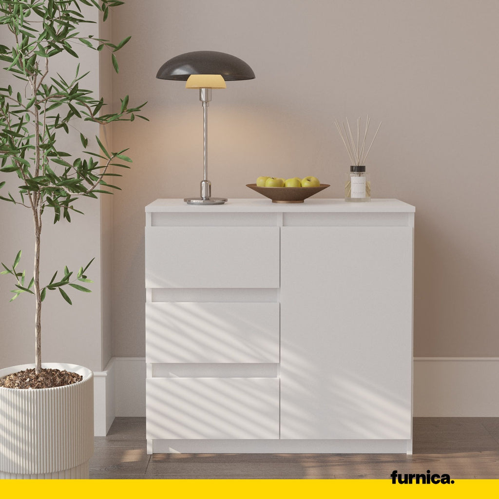 MIKEL - Chest of 3 Drawers and 1 Door - Bedroom Dresser Storage Cabinet Sideboard - White Matt H29 1/2" W31 1/2" D13 3/4"