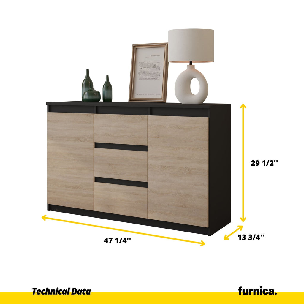 MIKEL - Chest of 3 Drawers and 2 Doors - Bedroom Dresser Storage Cabinet Sideboard - Anthracite / Sonoma Oak H29 1/2" W47 1/4" D13 3/4"