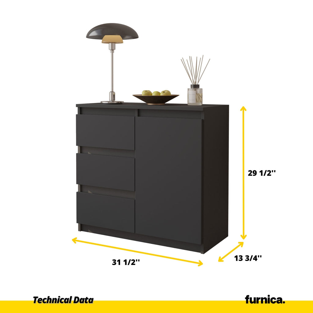 MIKEL - Chest of 3 Drawers and 1 Door - Bedroom Dresser Storage Cabinet Sideboard - Anthracite H29 1/2" W31 1/2" D13 3/4"