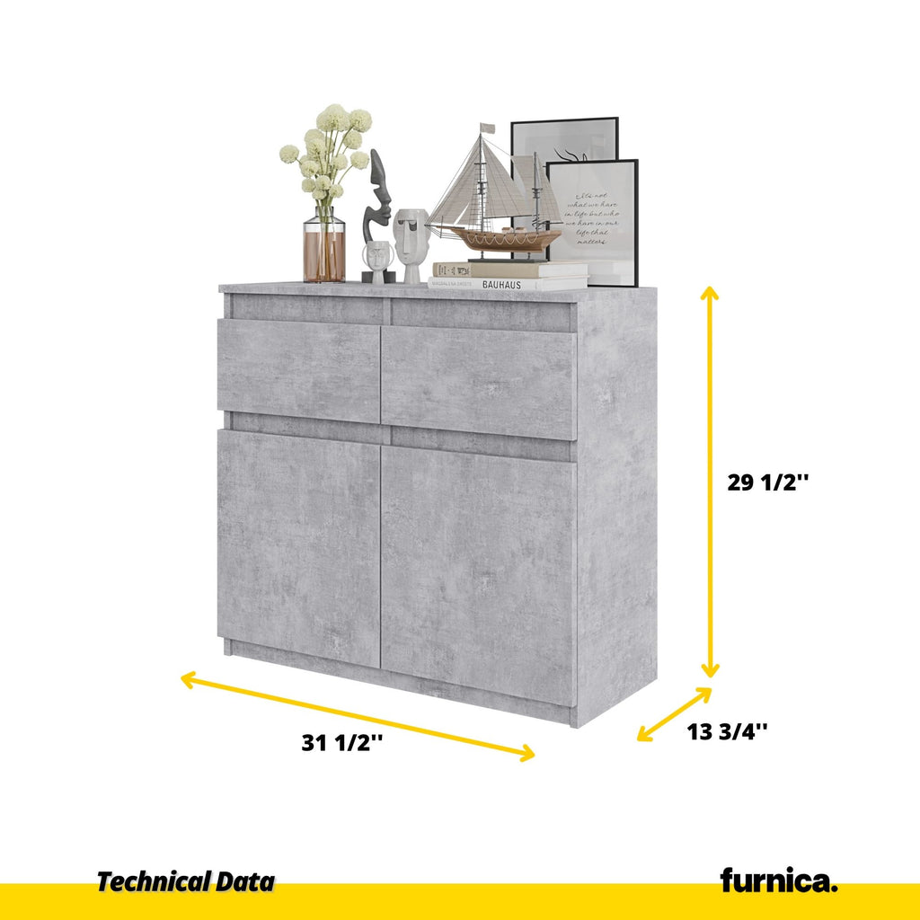 NOAH - Chest of 2 Drawers and 2 Doors - Bedroom Dresser Storage Cabinet Sideboard - Concrete H29 1/2" W31 1/2" D13 3/4"