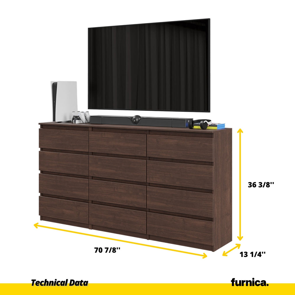 GABRIEL - Chest of 12 Drawers (8+4)- Bedroom Dresser Storage Cabinet Sideboard - Wenge H36 3/8" W70 7/8" D13 1/4