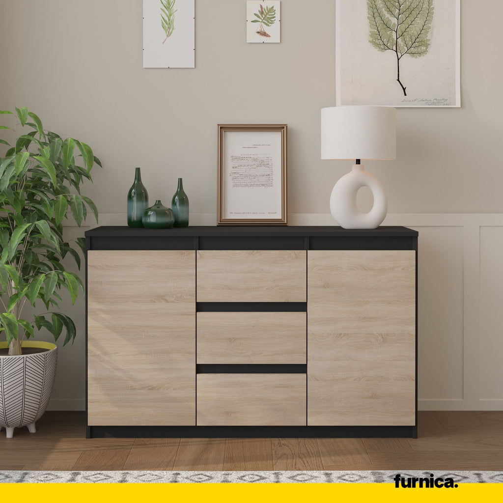 MIKEL - Chest of 3 Drawers and 2 Doors - Bedroom Dresser Storage Cabinet Sideboard - Anthracite / Sonoma Oak H29 1/2" W47 1/4" D13 3/4"