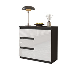 MIKEL - Chest of 3 Drawers and 1 Door - Bedroom Dresser Storage Cabinet Sideboard - Anthracite / White Gloss H29 1/2" W31 1/2" D13 3/4"