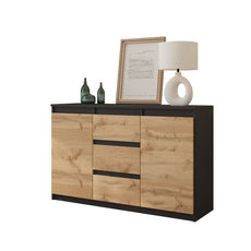 MIKEL - Chest of 3 Drawers and 2 Doors - Bedroom Dresser Storage Cabinet Sideboard - Anthracite / Wotan Oak H29 1/2" W47 1/4" D13 3/4"