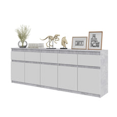 NOAH - Chest of 5 Drawers and 5 Doors - Bedroom Dresser Storage Cabinet Sideboard - Concrete / White Matt H29 1/2" W78 3/4" D13 3/4"