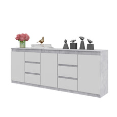 MIKEL - Chest of 6 Drawers and 3 Doors - Bedroom Dresser Storage Cabinet Sideboard - Concrete / White Matt H29 1/2" W78 3/4" D13 3/4"