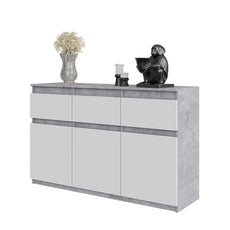 NOAH - Chest of 3 Drawers and 3 Doors - Bedroom Dresser Storage Cabinet Sideboard - Concrete / White Matt H29 1/2" W47 1/4" D13 3/4"