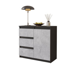 MIKEL - Chest of 3 Drawers and 1 Door - Bedroom Dresser Storage Cabinet Sideboard - Anthracite / Concrete H29 1/2" W31 1/2" D13 3/4"