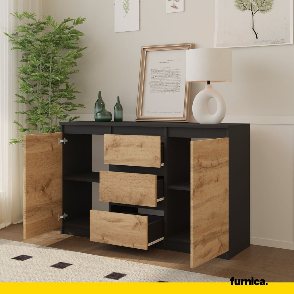 MIKEL - Chest of 3 Drawers and 2 Doors - Bedroom Dresser Storage Cabinet Sideboard - Anthracite / Wotan Oak H29 1/2" W47 1/4" D13 3/4"