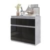 NOAH - Chest of 2 Drawers and 2 Doors - Bedroom Dresser Storage Cabinet Sideboard - Concrete / Black Gloss H29 1/2" W31 1/2" D13 3/4"