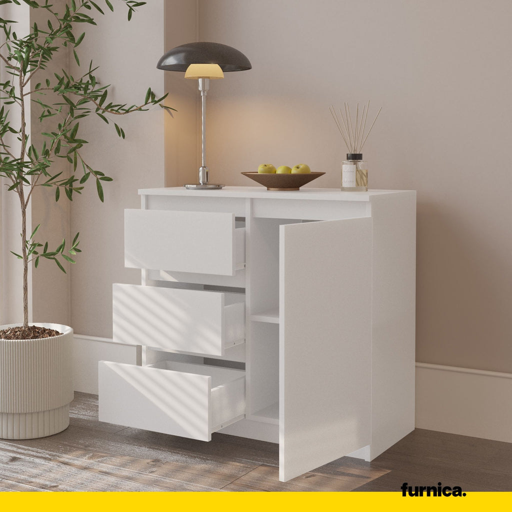 MIKEL - Chest of 3 Drawers and 1 Door - Bedroom Dresser Storage Cabinet Sideboard - White Matt H29 1/2" W31 1/2" D13 3/4"