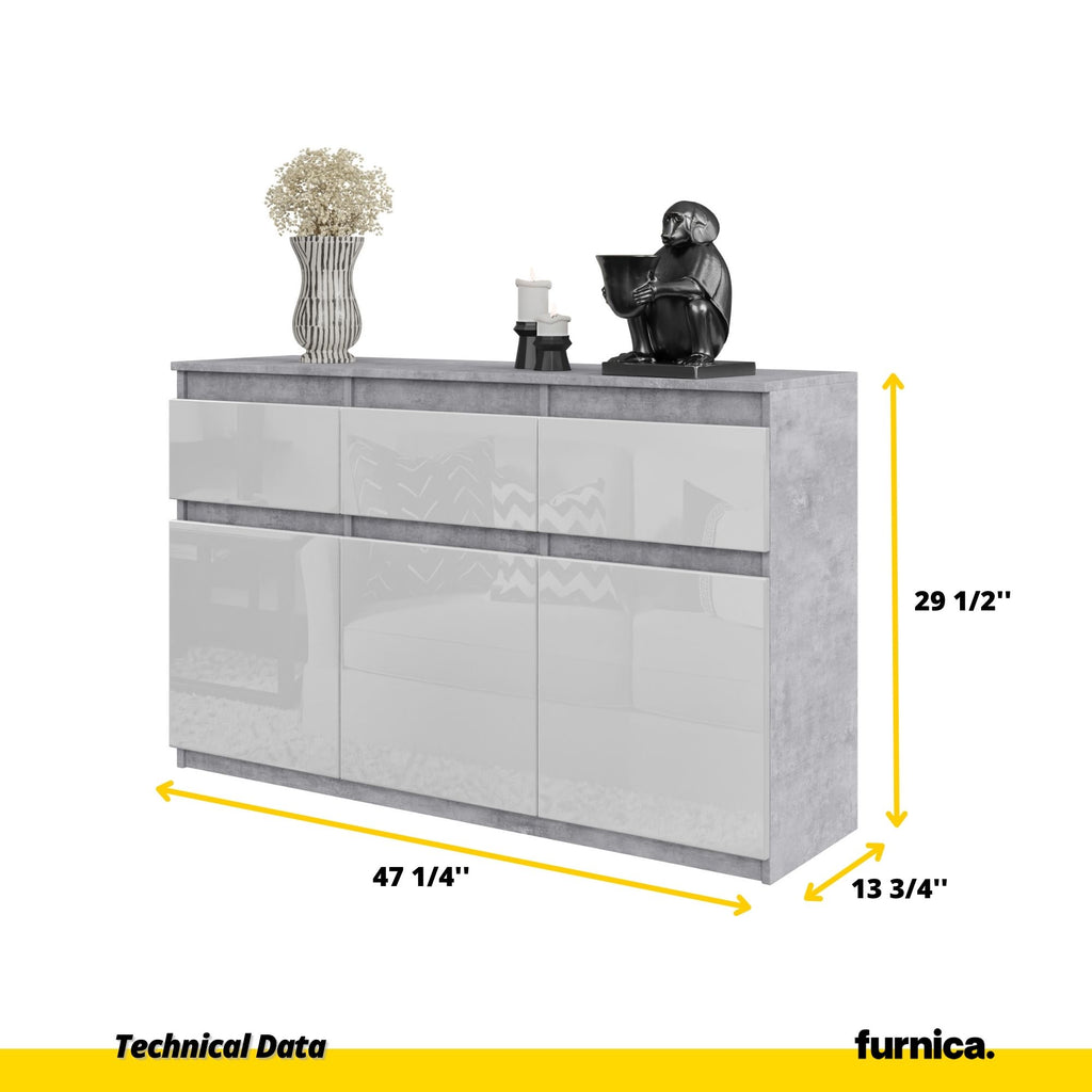 NOAH - Chest of 3 Drawers and 3 Doors - Bedroom Dresser Storage Cabinet Sideboard - Concrete / White Gloss H29 1/2" W47 1/4" D13 3/4"