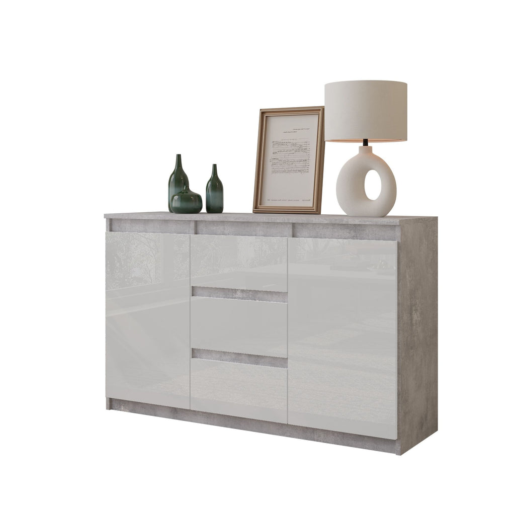 MIKEL - Chest of 3 Drawers and 2 Doors - Bedroom Dresser Storage Cabinet Sideboard - Concrete / White Gloss H29 1/2" W47 1/4" D13 3/4"