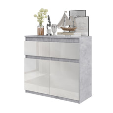 NOAH - Chest of 2 Drawers and 2 Doors - Bedroom Dresser Storage Cabinet Sideboard - Concrete / White Gloss H29 1/2" W31 1/2" D13 3/4"