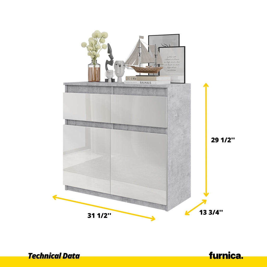 NOAH - Chest of 2 Drawers and 2 Doors - Bedroom Dresser Storage Cabinet Sideboard - Concrete / White Gloss H29 1/2" W31 1/2" D13 3/4"