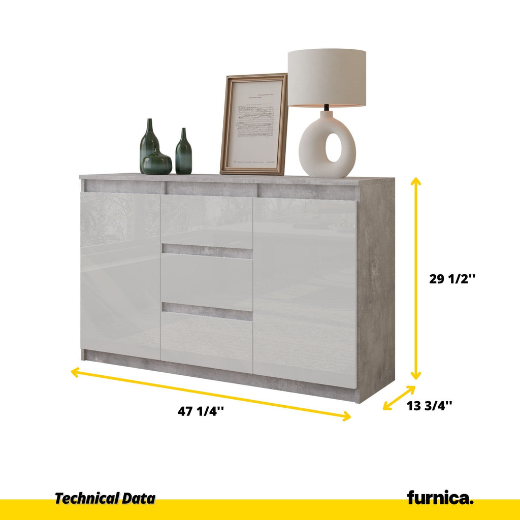 MIKEL - Chest of 3 Drawers and 2 Doors - Bedroom Dresser Storage Cabinet Sideboard - Concrete / White Gloss H29 1/2" W47 1/4" D13 3/4"