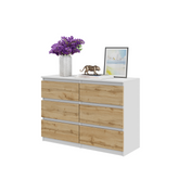 GABRIEL - Chest of 6 Drawers - Bedroom Dresser Storage Cabinet Sideboard - White / Wotan Oak H28" W39 3/8" D13"