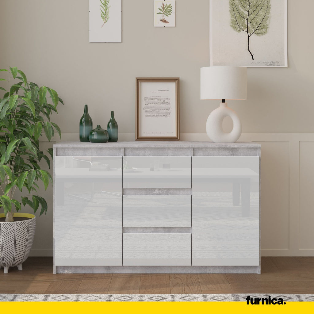 MIKEL - Chest of 3 Drawers and 2 Doors - Bedroom Dresser Storage Cabinet Sideboard - Concrete / White Gloss H29 1/2" W47 1/4" D13 3/4"