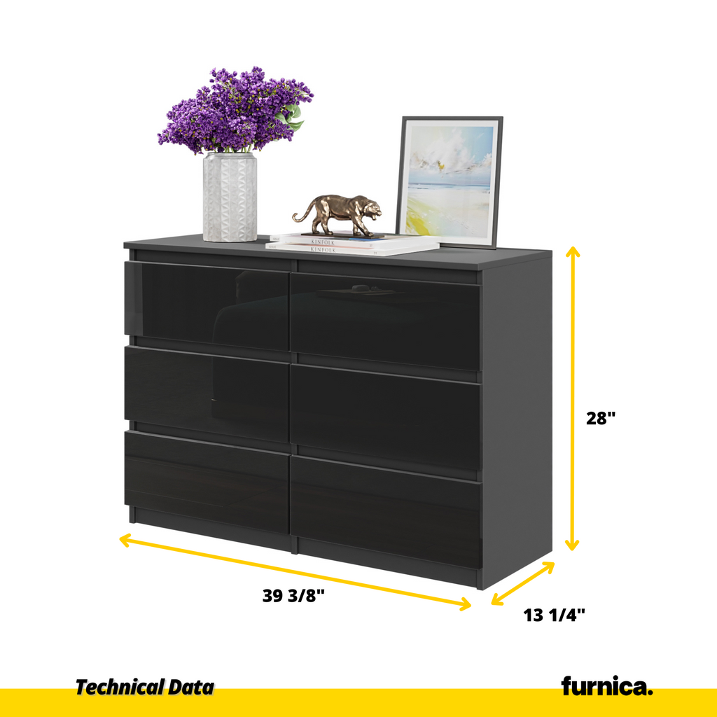 GABRIEL - Chest of 6 Drawers - Bedroom Dresser Storage Cabinet Sideboard - Anthracite / Black Gloss H28" W39 3/8" D13"