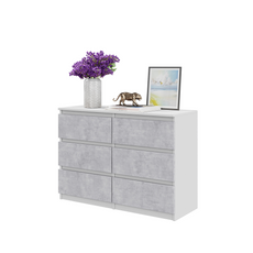 GABRIEL - Chest of 6 Drawers - Bedroom Dresser Storage Cabinet Sideboard - White Matt / Concrete H28" W39 3/8" D13"