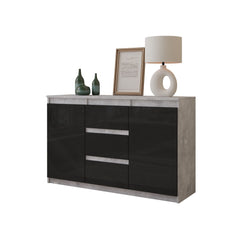 MIKEL - Chest of 3 Drawers and 2 Doors - Bedroom Dresser Storage Cabinet Sideboard - Concrete / Black Gloss H29 1/2" W47 1/4" D13 3/4"
