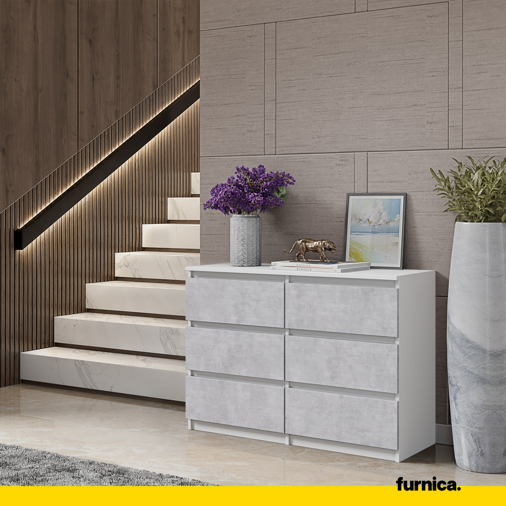 GABRIEL - Chest of 6 Drawers - Bedroom Dresser Storage Cabinet Sideboard - White Matt / Concrete H28" W39 3/8" D13"