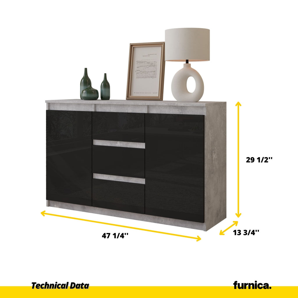 MIKEL - Chest of 3 Drawers and 2 Doors - Bedroom Dresser Storage Cabinet Sideboard - Concrete / Black Gloss H29 1/2" W47 1/4" D13 3/4"