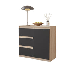 MIKEL - Chest of 3 Drawers and 1 Door - Bedroom Dresser Storage Cabinet Sideboard - Sonoma Oak / Anthracite H29 1/2" W31 1/2" D13 3/4"