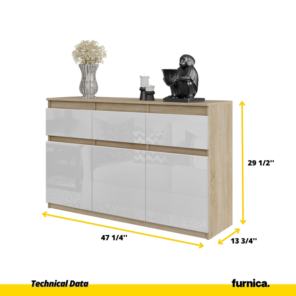 NOAH - Chest of 3 Drawers and 3 Doors - Bedroom Dresser Storage Cabinet Sideboard - Sonoma Oak / White Gloss H29 1/2" W47 1/4" D13 3/4"