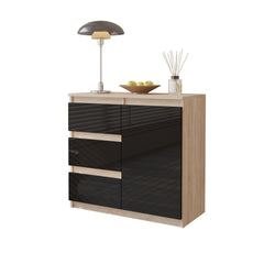 MIKEL - Chest of 3 Drawers and 1 Door - Bedroom Dresser Storage Cabinet Sideboard - Sonoma Oak / Black Gloss H29 1/2" W31 1/2" D13 3/4"