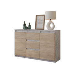 MIKEL - Chest of 3 Drawers and 2 Doors - Bedroom Dresser Storage Cabinet Sideboard - Concrete / Sonoma Oak H29 1/2" W47 1/4" D13 3/4"