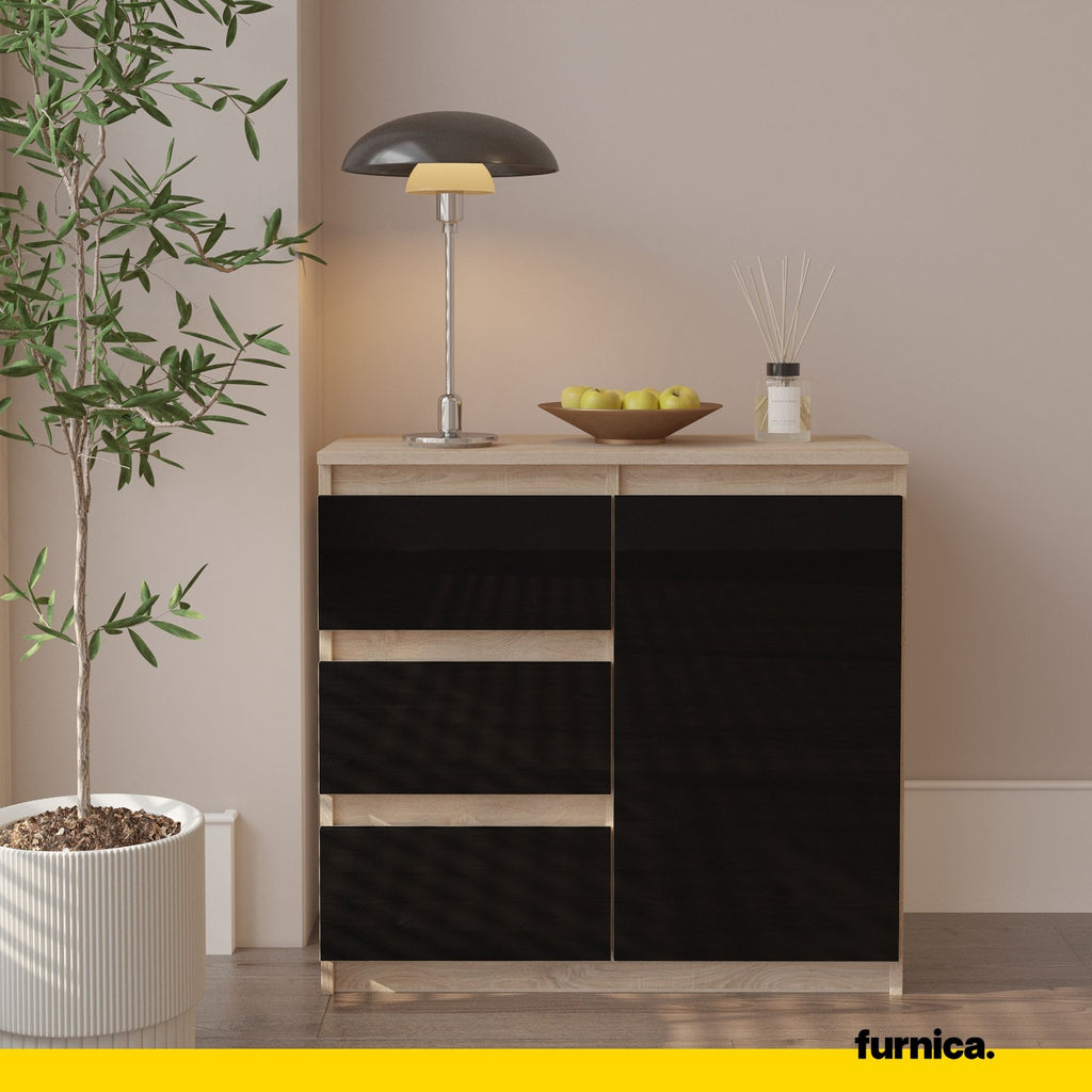 MIKEL - Chest of 3 Drawers and 1 Door - Bedroom Dresser Storage Cabinet Sideboard - Sonoma Oak / Black Gloss H29 1/2" W31 1/2" D13 3/4"