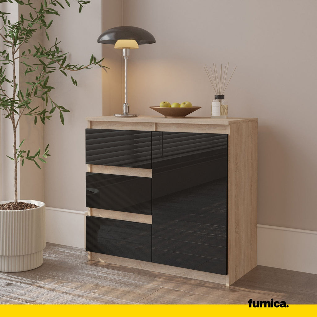 MIKEL - Chest of 3 Drawers and 1 Door - Bedroom Dresser Storage Cabinet Sideboard - Sonoma Oak / Black Gloss H29 1/2" W31 1/2" D13 3/4"