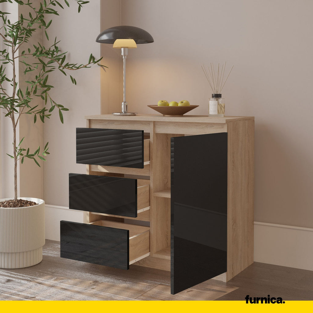 MIKEL - Chest of 3 Drawers and 1 Door - Bedroom Dresser Storage Cabinet Sideboard - Sonoma Oak / Black Gloss H29 1/2" W31 1/2" D13 3/4"